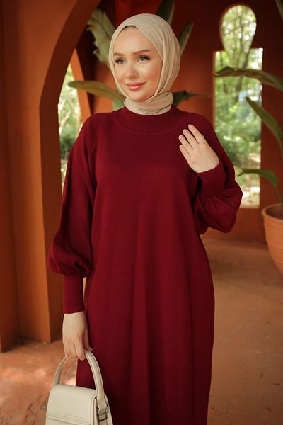 hafsamina Πλεκτό φόρεμα με μπαλόνι μανίκι Claret Red HM2522