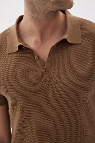 odelon Men's Brown Knitwear Polo Collar T-Shirt - Jacquard