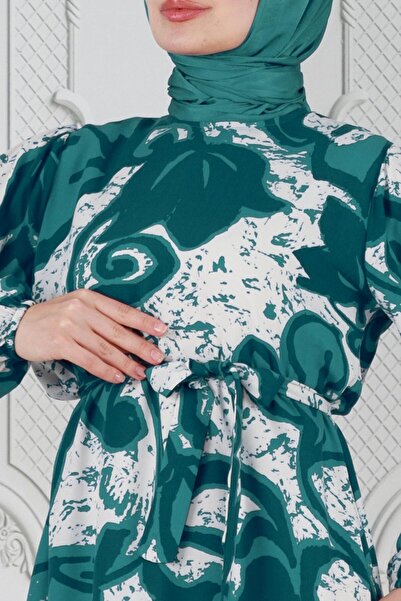 Sevitli Πράσινο φόρεμα βισκόζης - με μοτίβο τουλίπας και ζώνη μέσης