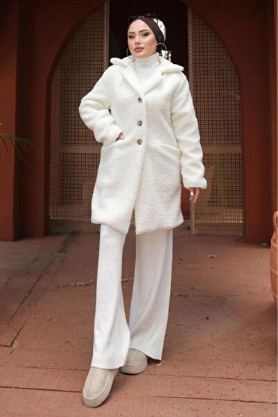 hafsamina Λευκό βελούδινο παλτό - Διπλό γιακά, HM2507