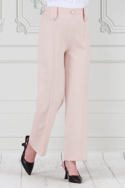 Sevitli Cream Colored Wide Leg Trousers with Brooch Detail
