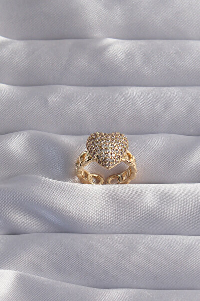 Nehir Brass Adjustable Gold Color Zircon Stone Curved Heart Ring Valentine's ...