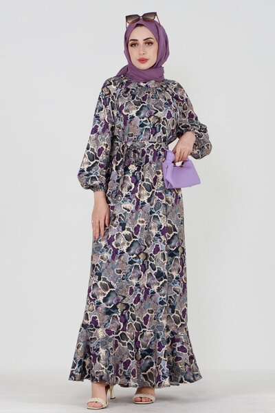 Sevitli Varak Detailed Mosaic Patterned Dress-Purple