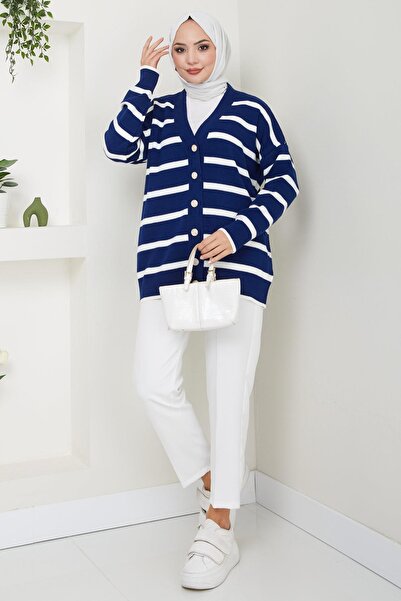 hafsamina Navy Blue Striped Araboy Knitwear Cardigan - Button Detailed Hm2516