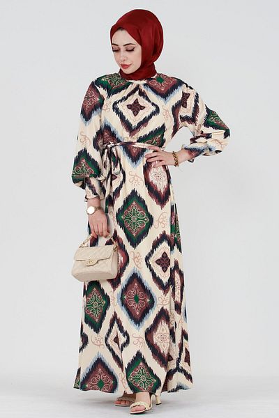 Sevitli Ikat Pattern Hürrem Dress - Emerald Green