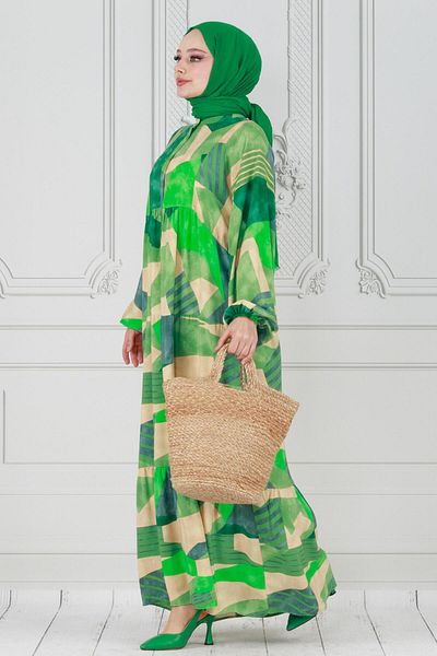 Sevitli Rochie verde din viscoză - mânecă liliac și sticlă spartă