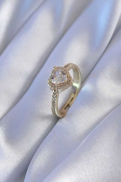 Clariss Gold Color Zircon Stone Heart Model Brass Charm Women's Ring