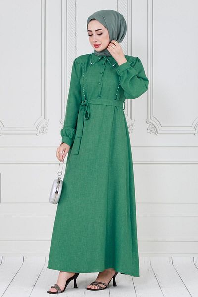 Sevitli Rochie Hijab Verde - Cu Detaliu Perlat Și Curea