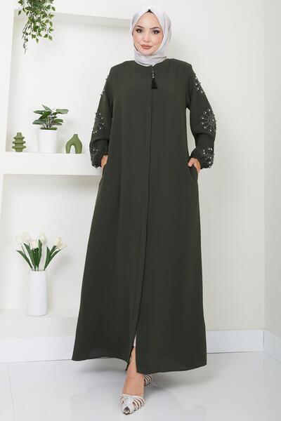 hafsamina Stone Detailed Pearl Hafi Khaki Ferace - HM2494