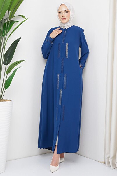 hafsamina Stone Detailed Plus Size Abaya Indigo HM2047