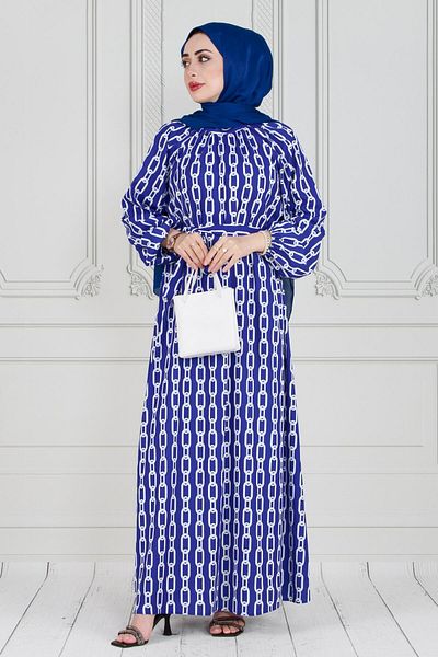 Sevitli Blue Hijab Dress - Chain Pattern