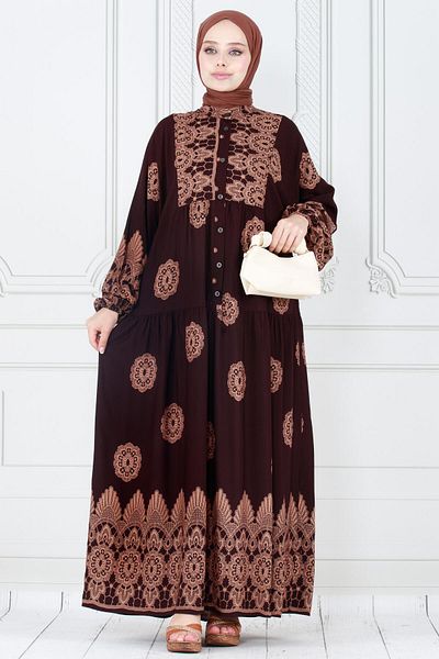 Sevitli Viscon Hijab Dress - Motif Pattern, Robe, Brown