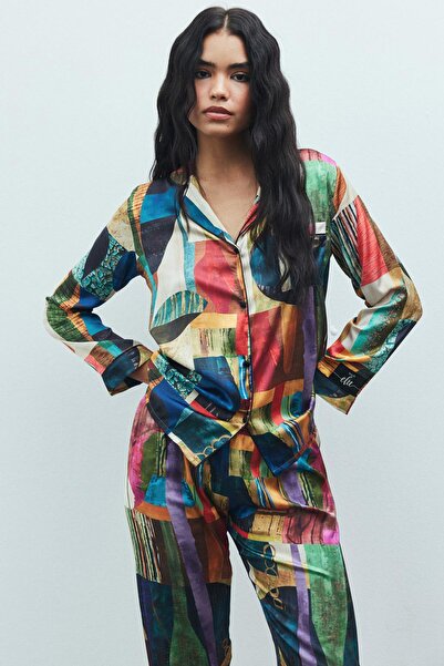 Feu De Elu Amour Coloré Desenli Uzun Saten Pijama Takımı
