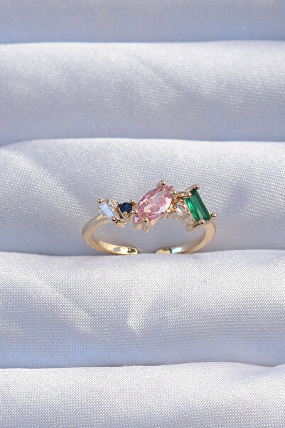 Nehir Brass Gold Color Colorful Zircon Stone Adjustable Ring Valentine's Moth...