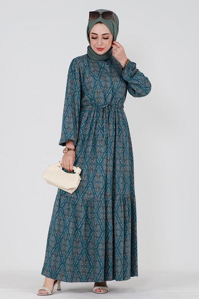 Sevitli Diamond Pattern Viscose Dress with Tunnel Waist - Petrol