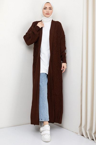 hafsamina Cherry Patterned Long Knitwear Cardigan Brown HM2334