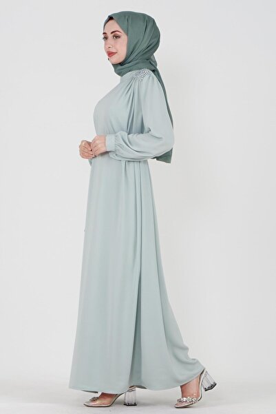 Sevitli Φόρεμα Hijab Κεντημένο στον ώμο με Ζώνη Μέσης-Πράσινο Μέντα