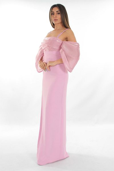 aşkın göksu Pink Thin Strap Stone Embroidered Low Sleeve Front Slit Women's Evening Dress