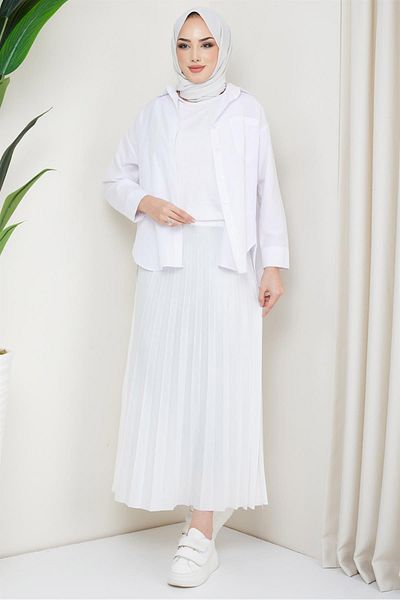 hafsamina Leather Look Pleated Skirt White with Elastic Waist