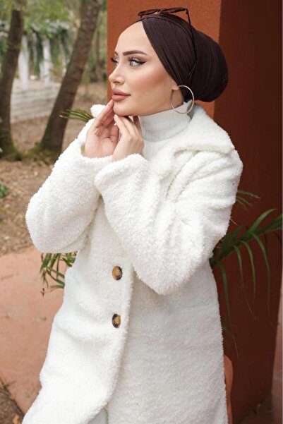 hafsamina Λευκό βελούδινο παλτό - Διπλό γιακά, HM2507