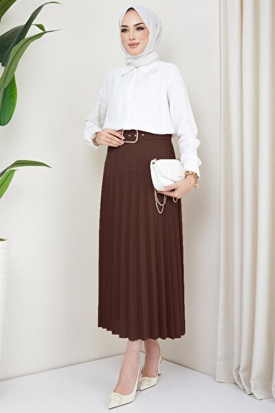hafsamina Ζώνη Πλισέ Φούστα Καφέ HM2104