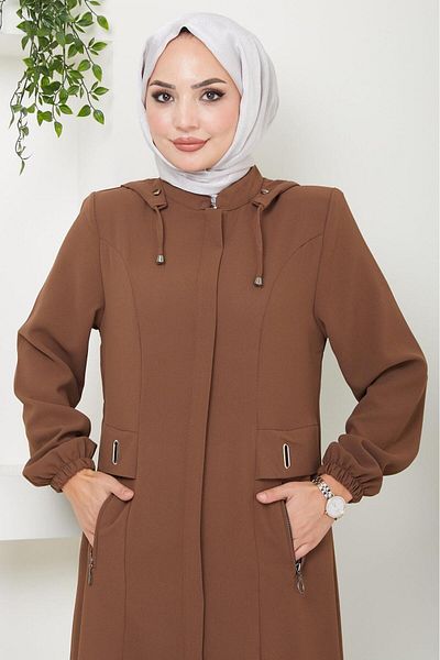 hafsamina Camel Hooded Zippered Ferace - HM2052