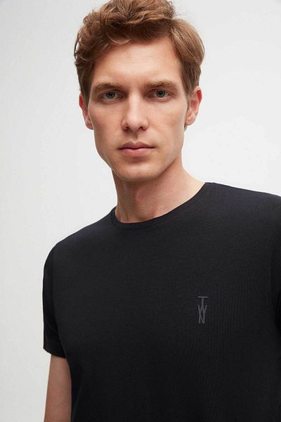 Twn Βαμβακερό μπλουζάκι Navy Blue Slim Fit Strech - Απλό τυπωμένο λογότυπο