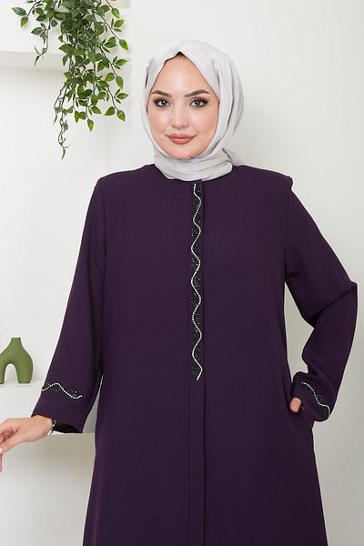 hafsamina Plum Desita Stone Detailed Ferace - HM2469