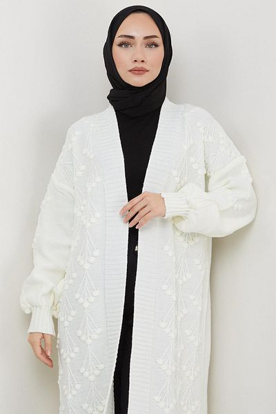 hafsamina Ζακέτα μακριά πλεκτά με σχέδιο Cherry Ecru HM2334
