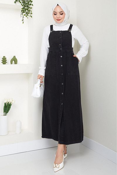hafsamina Black Denim Salopet - Buttoned Dress HM22456