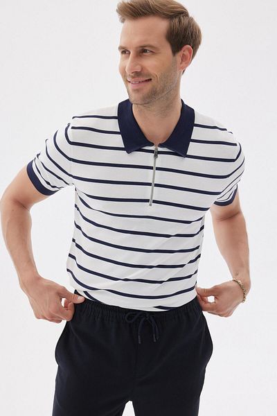 odelon Ανδρικό πλεκτό μπλουζάκι Navy Blue ριγέ Polo Neck Rayon - Limited