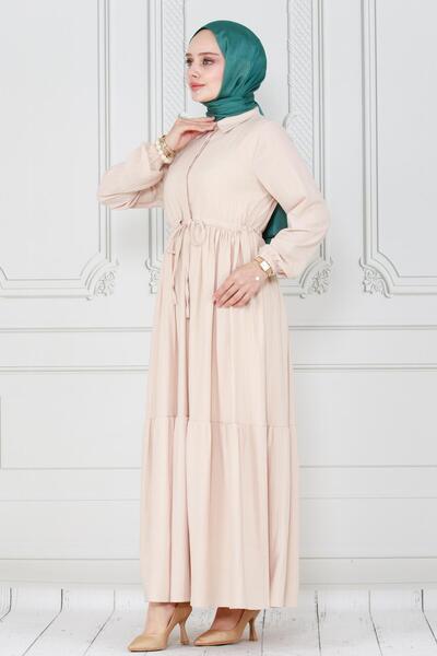 Sevitli Φόρεμα Sare σε μπεζ χρώμα - με γιακά πουκαμίσου και τούνελ μέσης