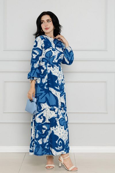 Sevitli Blue Viscose Dress - Floral and Belted