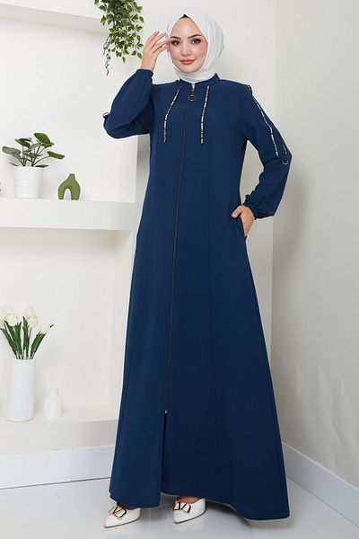hafsamina Petrol Color Striped Sport Abaya - HM2483