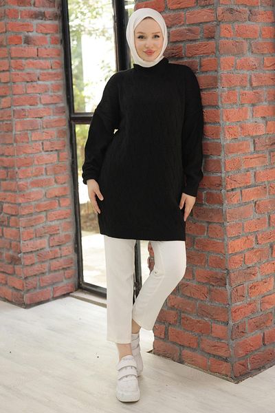 hafsamina Black Knitwear Tunic - Knitted Pattern, Hm2525
