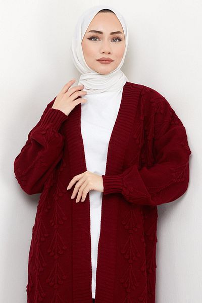 hafsamina Cherry Patterned Long Knitwear Cardigan Claret Red HM2334
