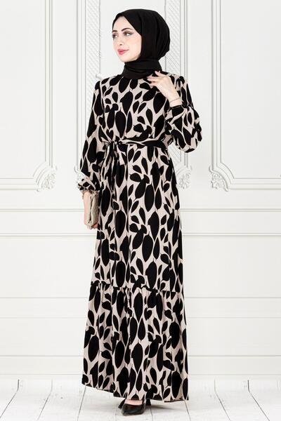 Sevitli Φόρεμα Viscon με βολάν με μοτίβο φύλλων - MINK