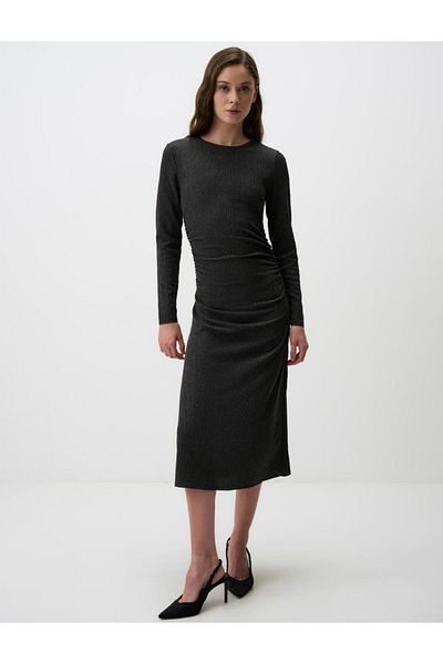 Jimmy Key Anthracite Melange Crew Neck Slim Fit Long Sleeve Midi Dress