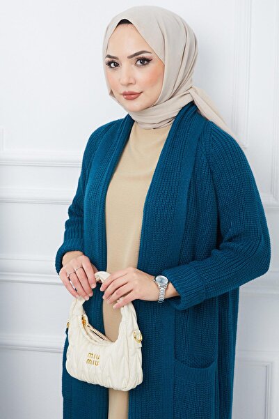 hafsamina Πλεκτό ζακέτα με γιακά σάλι και τσέπες Petrol HM2243