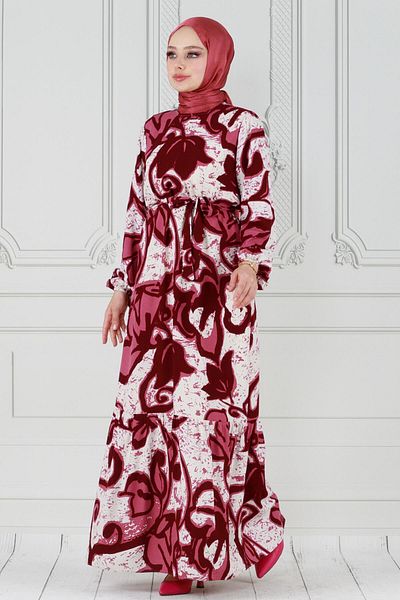 Sevitli Burgundy Viscose Dress - Tulip Patterned and Belted Waist
