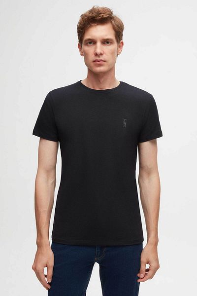 Twn Βαμβακερό μπλουζάκι Navy Blue Slim Fit Strech - Απλό τυπωμένο λογότυπο