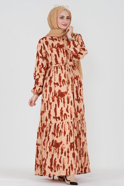 Sevitli Batik Pattern Hidden Button Viscose Dress-burgundy