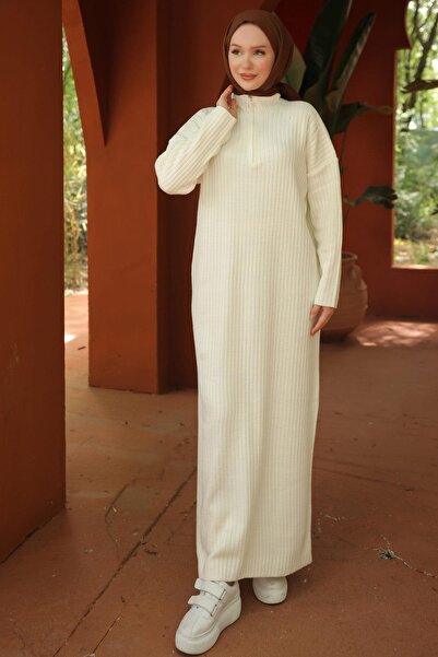 hafsamina Λευκό πλεκτό φόρεμα - Μισό φερμουάρ, HM2520