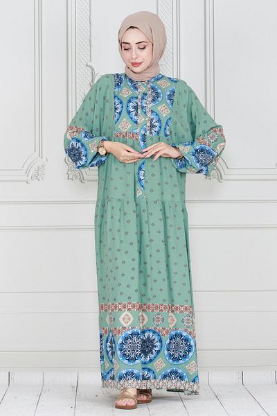 Sevitli Mint Green Viscose Dress - Half Buttoned and Printed