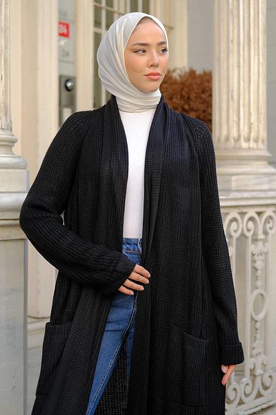 hafsamina Πλεκτή Ζακέτα με γιακά Σάλι Μαύρη HM2243
