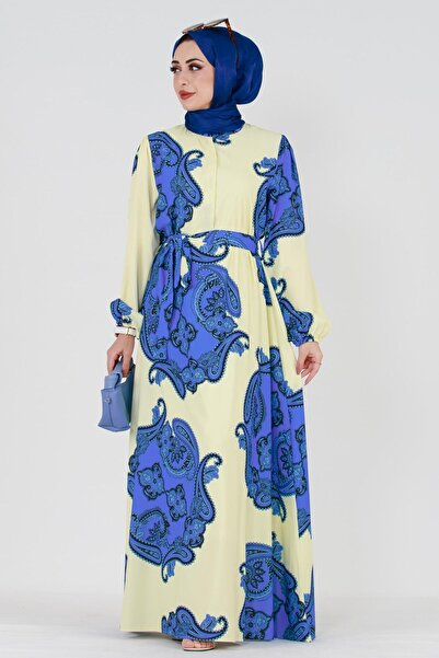 Sevitli Φόρεμα με μοτίβο σάλι με κρυφό κουμπί-Μπλε