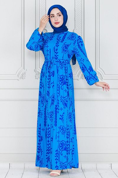 Sevitli Baby Blue Authentic Viscose Dress - Half Buttoned