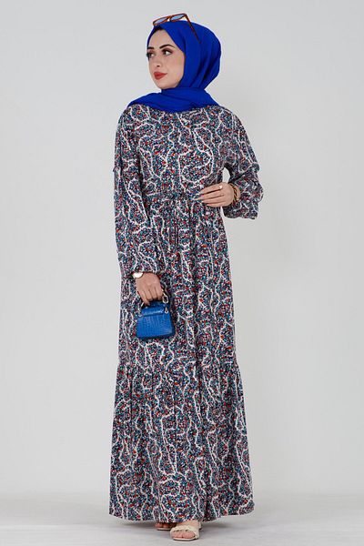 Sevitli Mosaic Pattern Viscose Dress with Tunnel Waist - beige