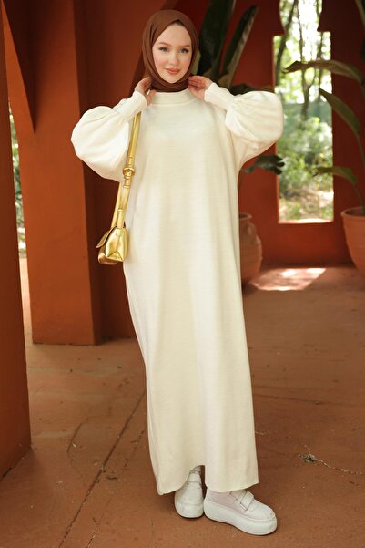 hafsamina Λευκό Πλεκτό Φόρεμα με Μπαλόνι - HM2522