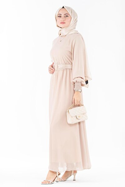 Sevitli Φόρεμα σιφόν με λάστιχο στο μανίκι-Μπεζ